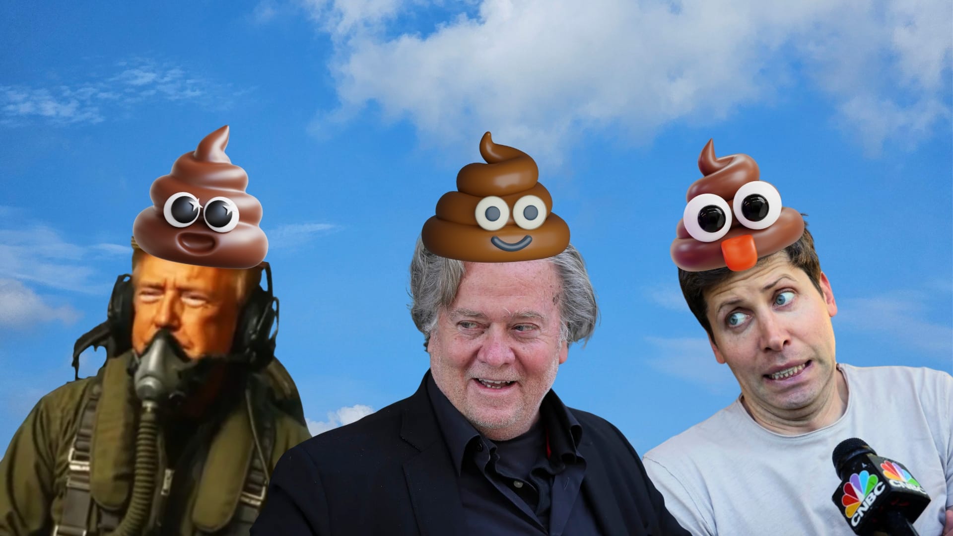 Les tronches de Trump, Bannon, Altman avec un couvre chef en forme d'emoji poop