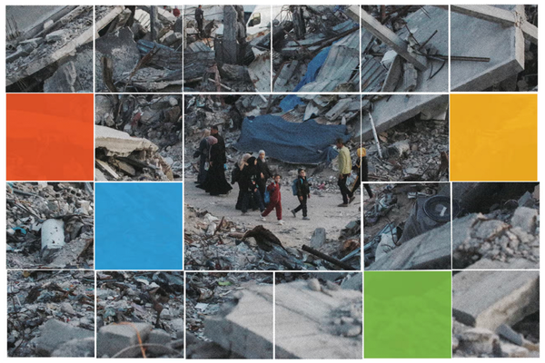 Puissante illustration mêlant les couleurs du célèbre logo de Microsoft avec des images de destruction à Gaza